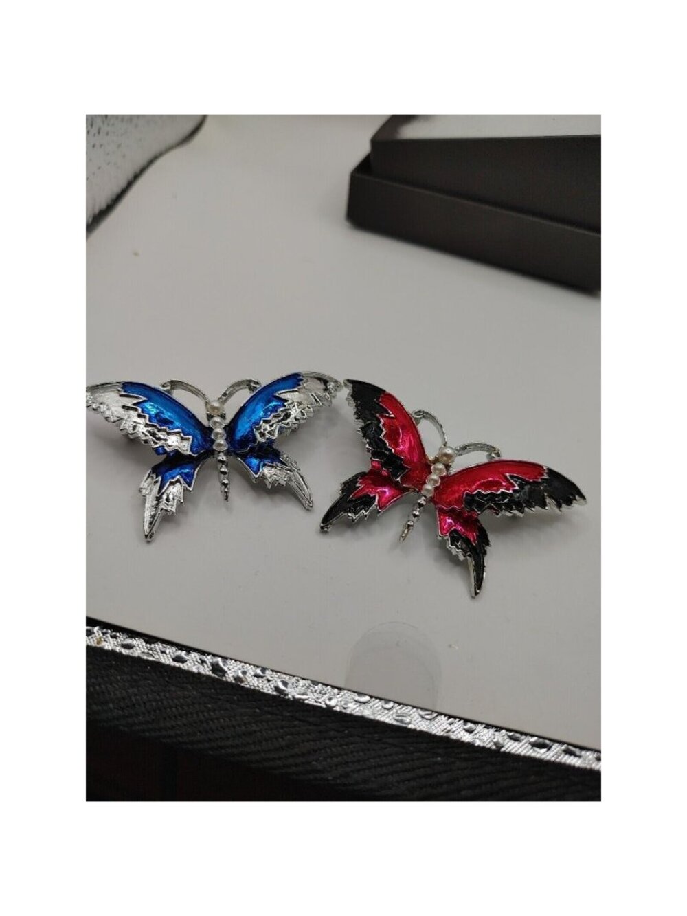 Set Of 2 Butterflies Red & Black Enamel faux Pearls. Blue & Silver Tone pearls